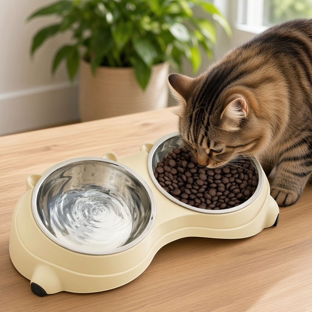 Cat eating from the Double Yum™ double cat bowl set in Honey
