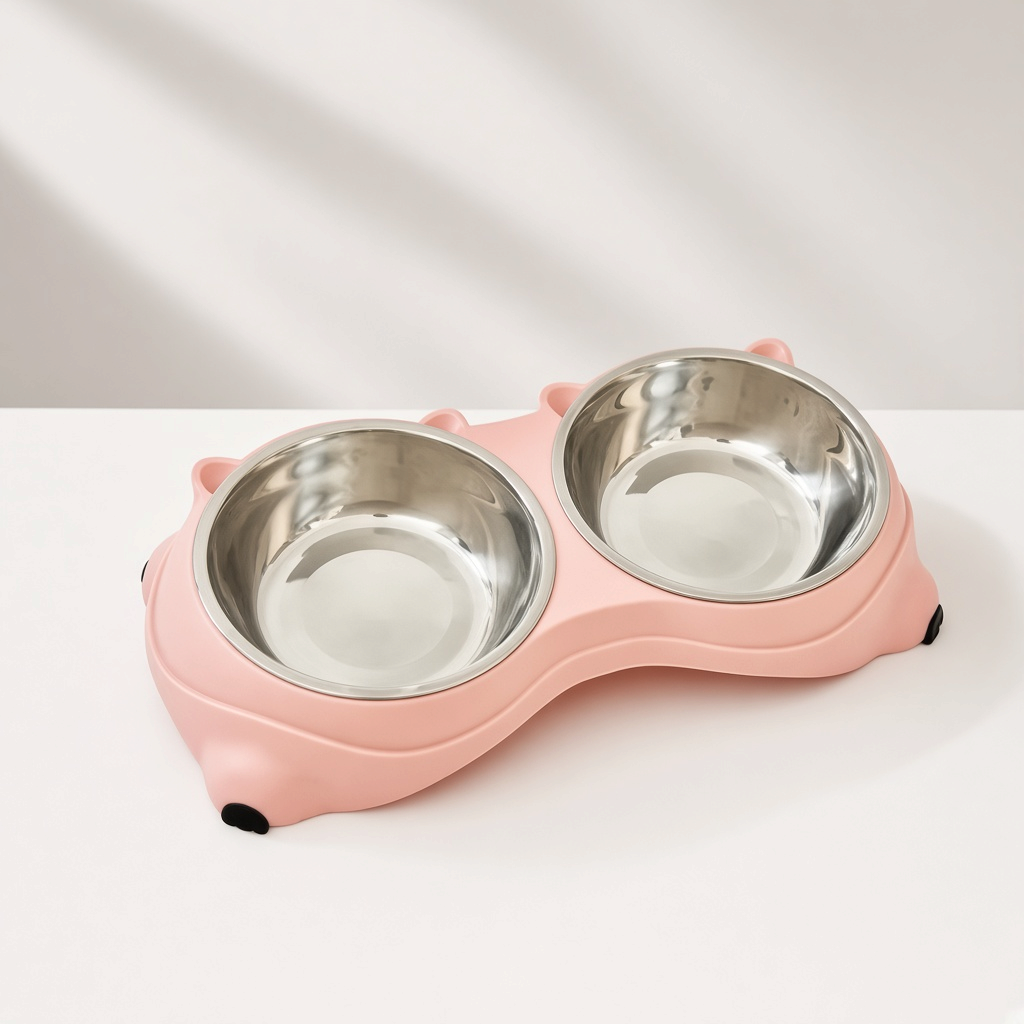 Double Yum™ double stainless steel cat bowl set in Blush