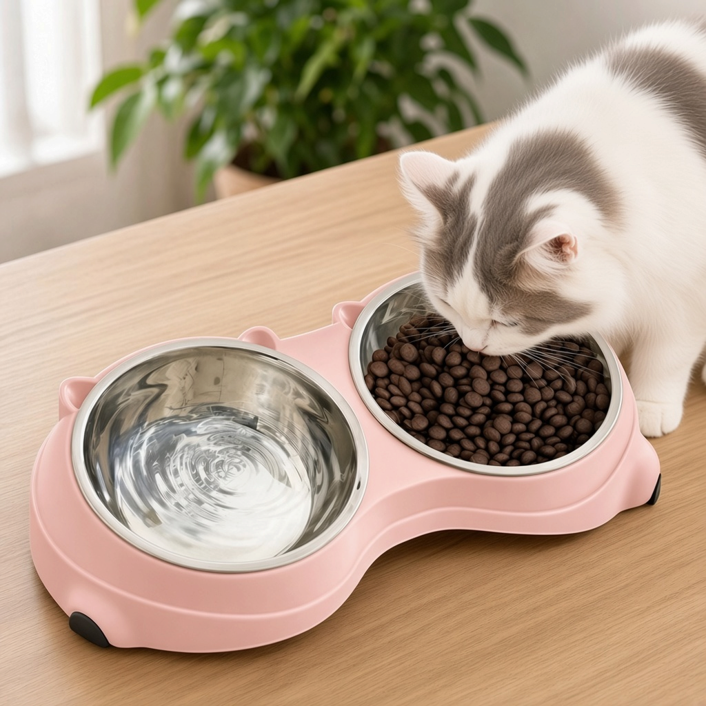 Cat eating from the Double Yum™ double cat bowl set in Blush