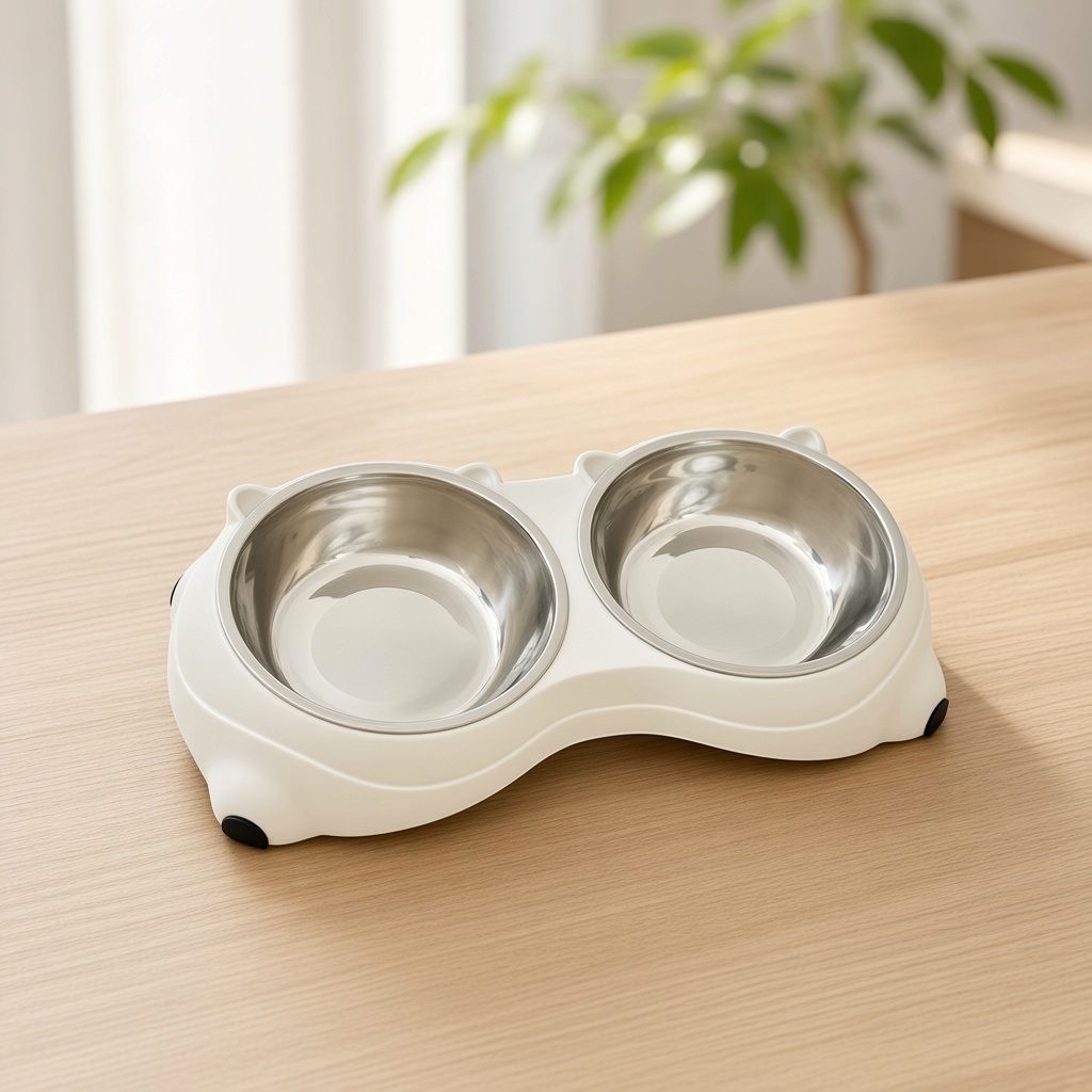 Double Yum™ double cat bowl set in Pearl on a wood table