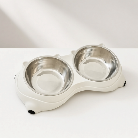 Double Yum™ double stainless steel cat bowl set in Pearl