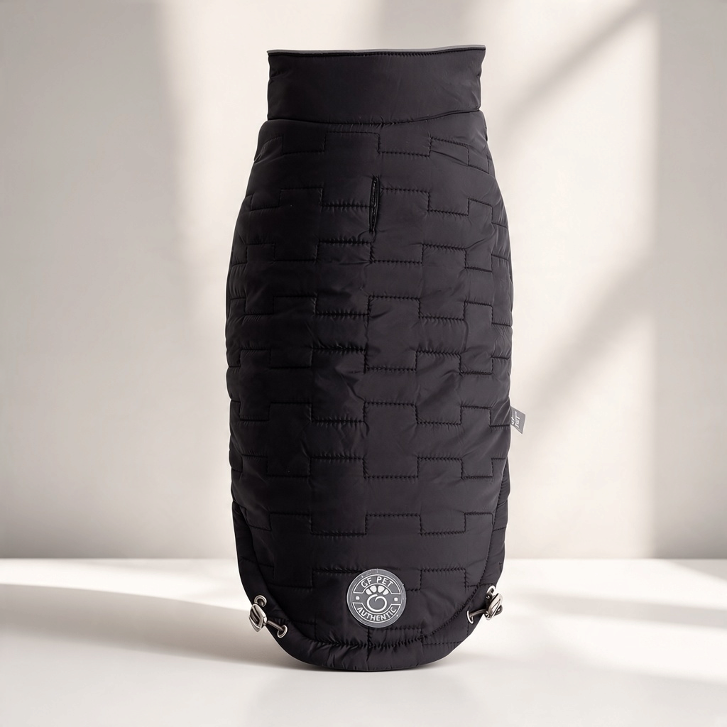 Flip & Cozy™ Reversible Quilted Dog Jacket in black on a white tabletop