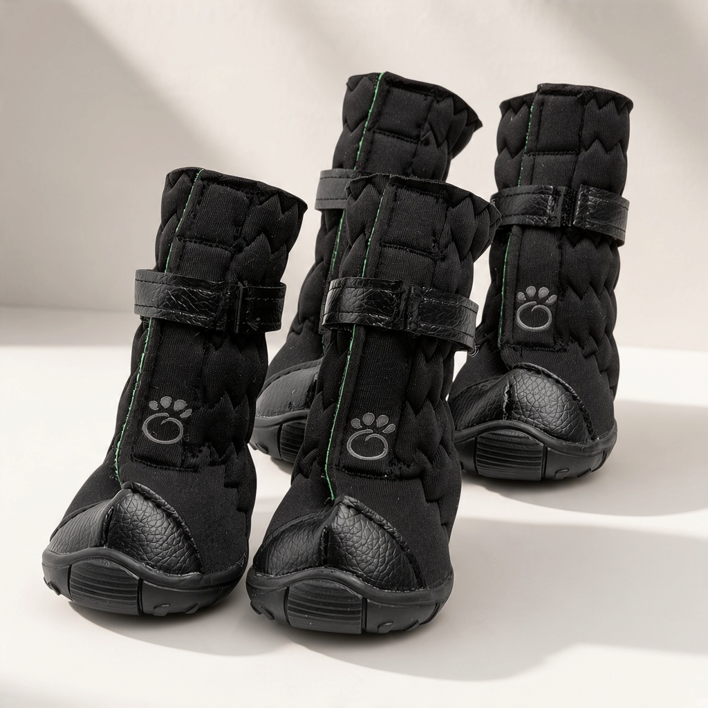 Snow Paws™ GF Pet Stretch Winter Dog Boots in black on a white tabletop