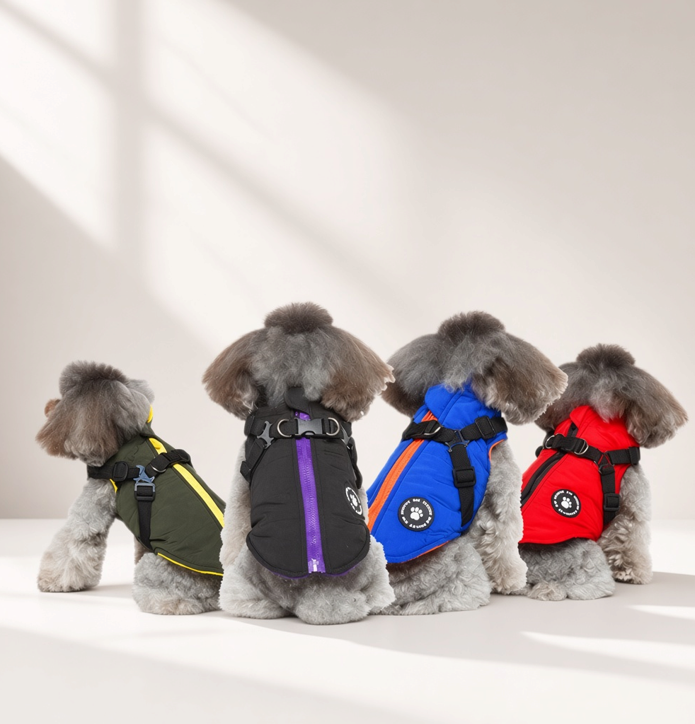 Warm Hug™ Chest-Strap Padded Dog Jacket on a white tabletop